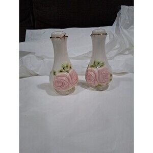 Vintage Salt Pepper Shakers White Ceramic Gold Trim Floral  6"
